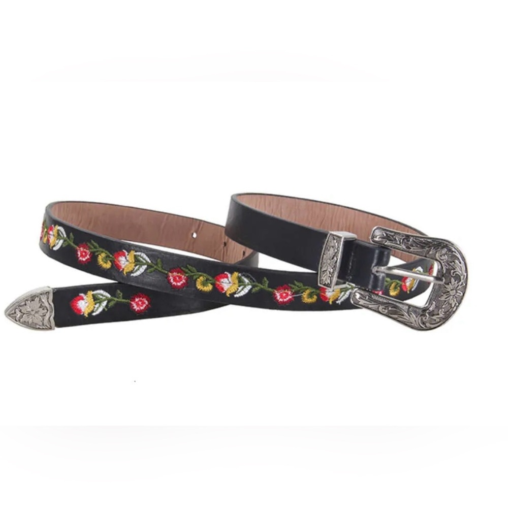 Janyo vintage Floral Embroidered Black Leather Belt